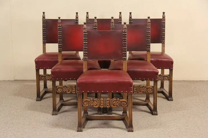 Set of 6 Spanish Carved Oak & Leather 1930 Antique Dining Chairs