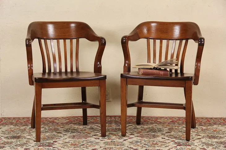 Pair of Antique 1920 Walnut Banker Chairs
