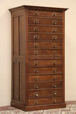 Oak 12 Drawer 1900 Antique Map or Drawing Chest or Collectors File