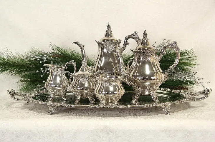 Wallace Baroque Silverplate 6 Pc Coffee & Tea Service, Large Tray