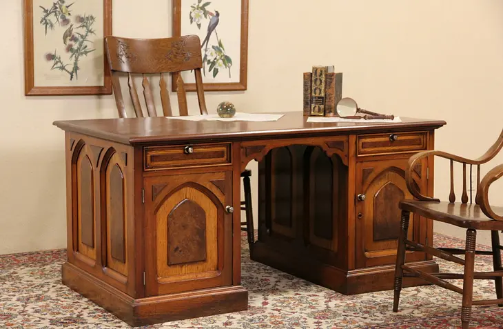 Victorian Gothic 1870's Antique Partner Desk, Walnut, Chestnut & Burl