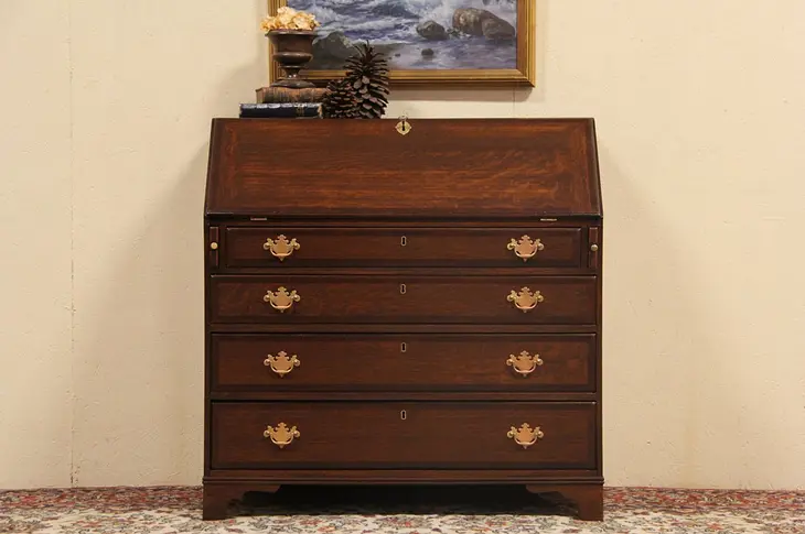Secretary Desk, Banded Oak 1800 New England Antique