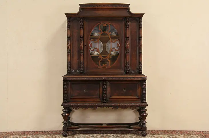 Tudor 1925 Antique Walnut China Display Cabinet