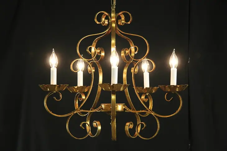 Wrought Iron 5 Candle Vintage Chandelier,Bronze Gold Finish