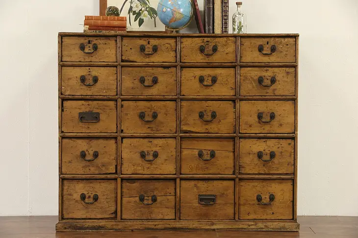 English 1850 Era Antique Country Pine 20 Drawer Cabinet