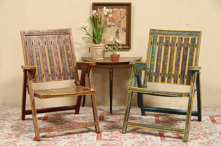 Pair of Hand Painted Traditional Folk Art Folding Chairs from Sicily