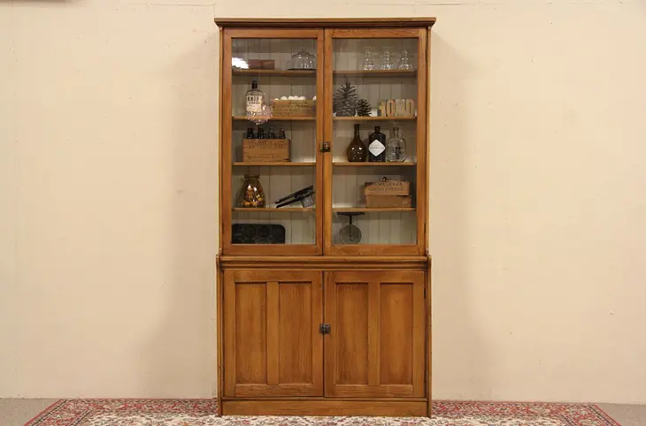 Oak 1900 Barber Shop Pantry Cupboard, Wavy Glass Doors