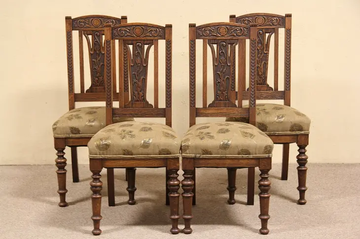 Set of 4 Italian 1900 Antique Oak Dining or Game Chairs