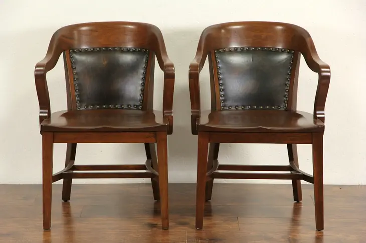 Pair of Walnut & Leather 1915 Antique Banker Office or Library Chairs, Pr #1