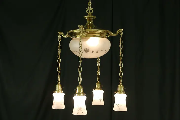 Brass 1910 Antique Ceiling Light Fixture, 5 Cut Glass Shades