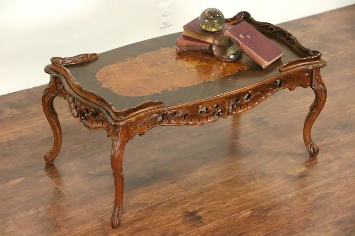 French Style Carved 1940 Vintage Coffee or Cocktail Table, Marquetry