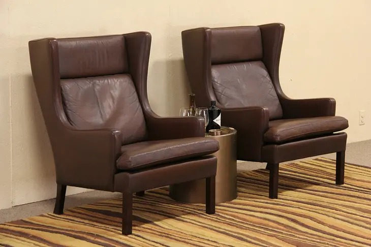Pair of Midcentury Danish Modern Leather Wing Chairs, 1960 Vintage