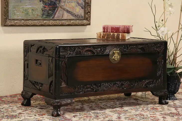 Chinese 1930's Vintage Carved Trunk, Chest or Coffee Table