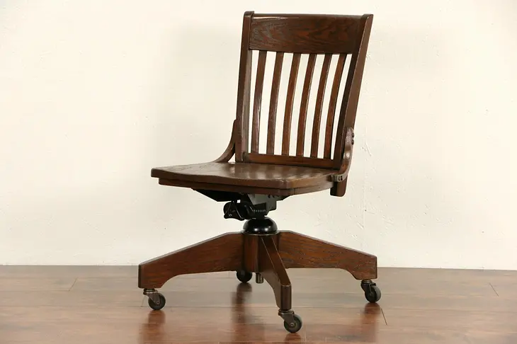 Swivel Adjustable Oak Desk Vintage Library or Office Chair