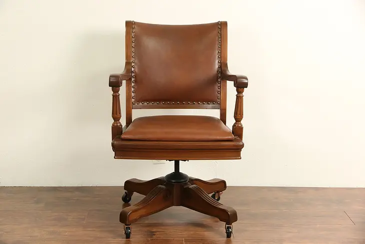 Leather 1930 Vintage Swivel Adjustable Desk Chair, Signed Central of Chicago