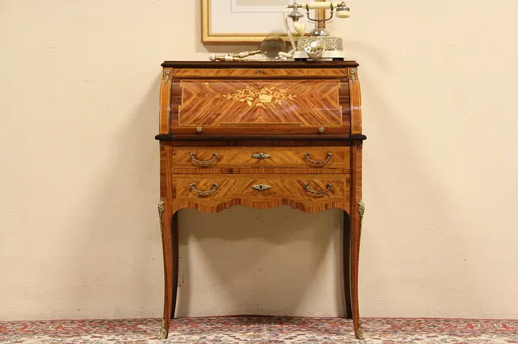 French Rosewood Marquetry Cylinder Rolltop Vintage Desk