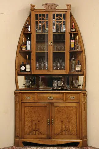 Art Nouveau Vienna 1900 Corner Bar Server Cabinet, Marble Top
