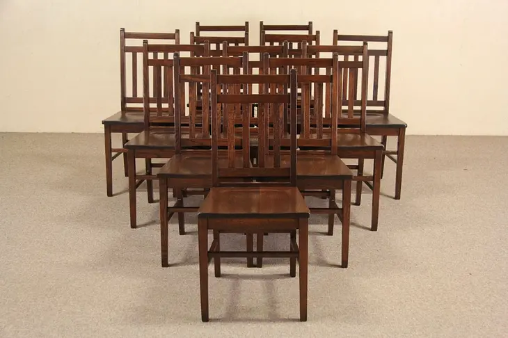 Set of 12 Arts & Crafts 1910 Antique Oak Dining Chairs