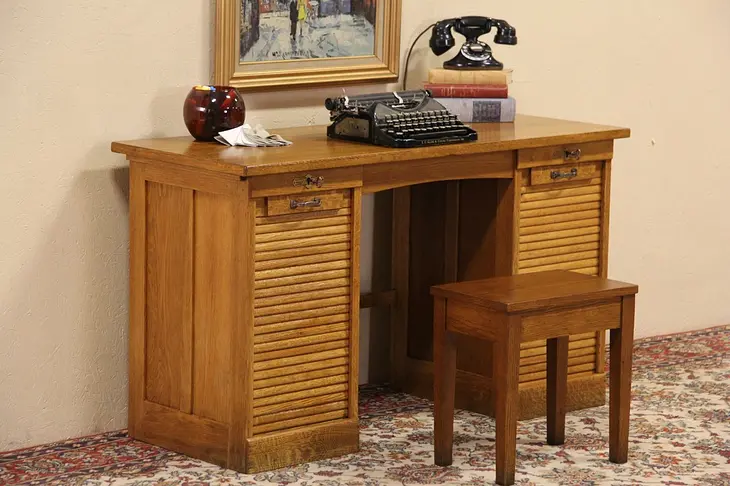 Oak 1900 Antique Roll Door Typing or Craft Desk, TV Console