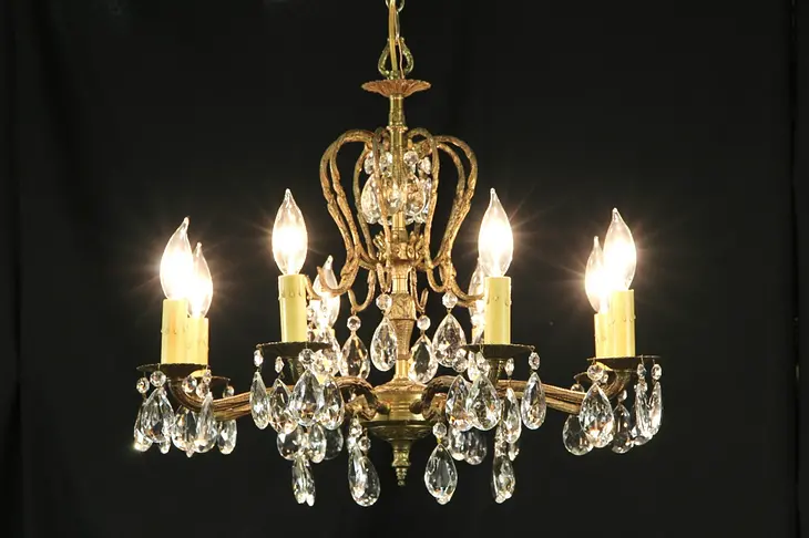 Chandelier 8 Candles, Vintage Patinated Brass Light Fixture, Crystal Prisms