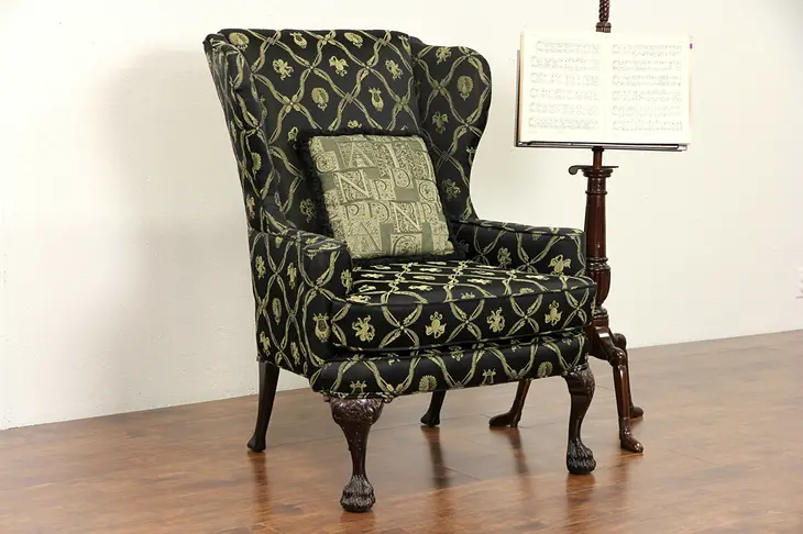 Wing Chair, 1920's Carved Mahogany Paw Feet, New Upholstery