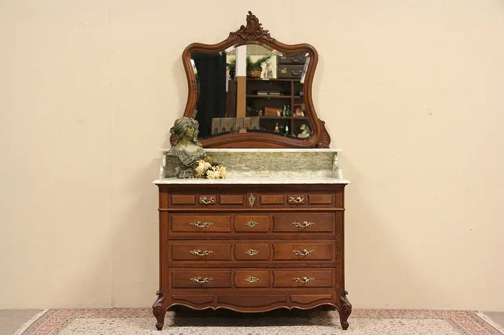Country French 1895 Antique Carved Oak Marble Top Chest, Beveled Mirror