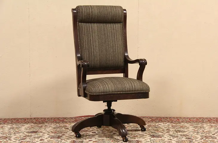 Judge Desk Chair, Swivel Adjustable 1915 Antique Newly Upholstered