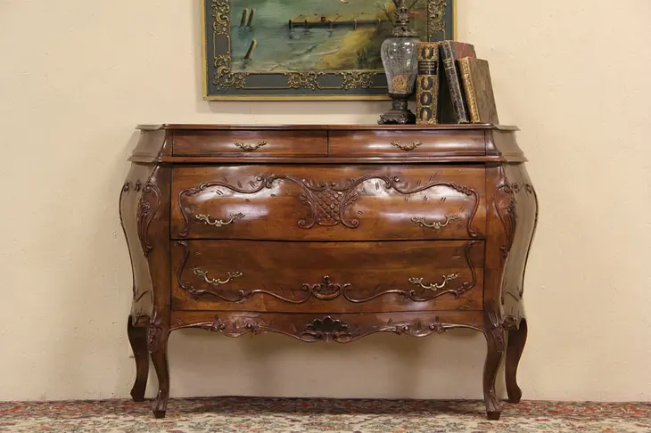 Italian 1930's Carved Fruitwood Bombe Chest or Commode