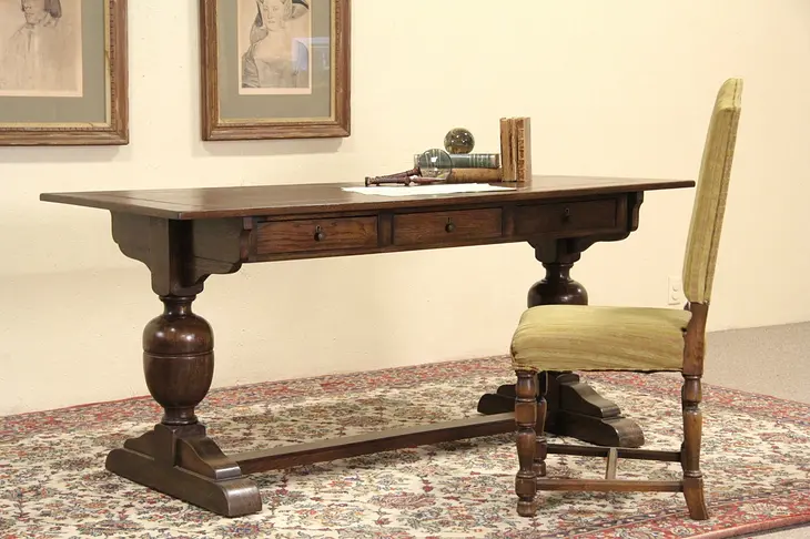 Oak 1910 Antique Danish Renaissance Library Desk or Writing Table