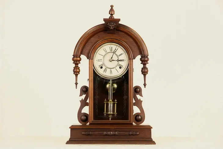 Victorian Waterbury Antique 1890 Walnut Clock, Lion Head
