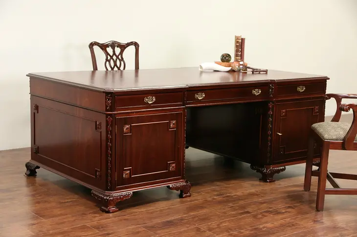 Georgian Style Executive or Library Vintage Partner Desk, Tooled Leather