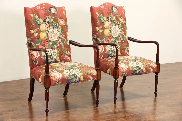 Pair of Vintage Sheraton Style Chairs, Custom Linen Upholstery