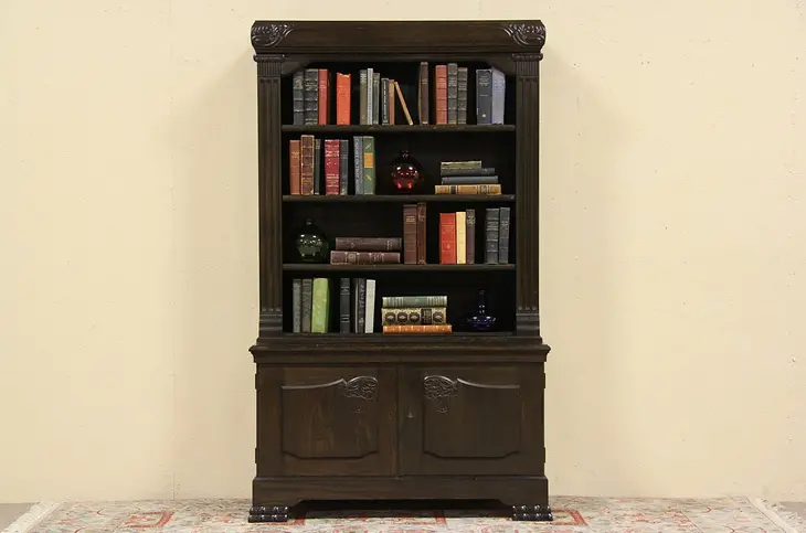 Carved 1900 Antique Oak Bookcase, Cupboard Base