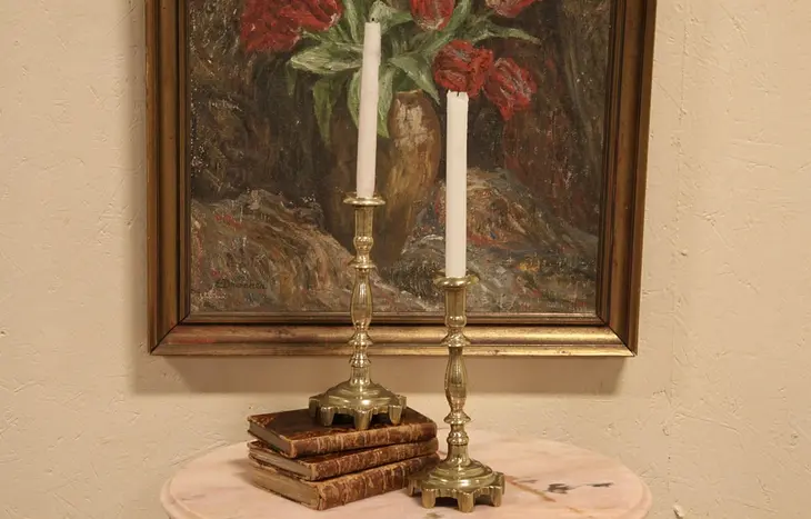 Pair English Brass Antique 1850 Candlesticks