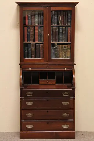 Eastlake Victorian Cylinder Roll Top Desk Bookcase