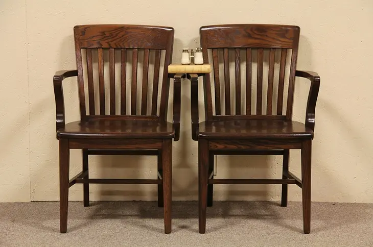 Pair Antique Oak Banker Armchairs