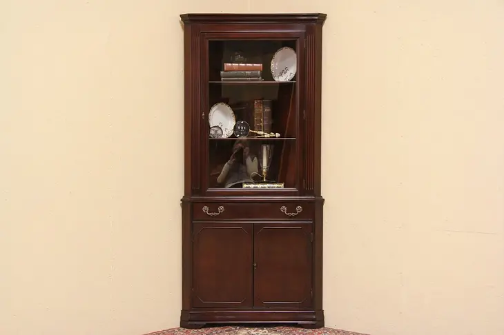 Mahogany Vintage Traditional Corner Cabinet, Glass Door