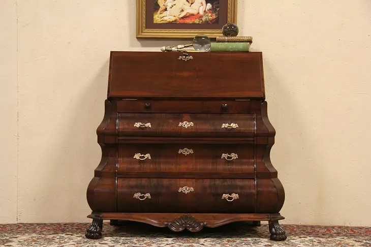 Spanish Baroque Vintage Bombe Secretary Desk, Secret Compartments