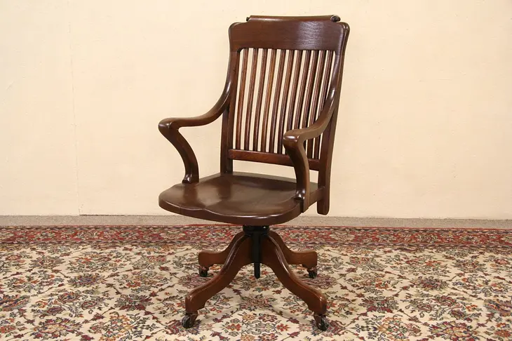 Swivel Oak Desk Chair, 1900 Antique Signed Johnson Chicago