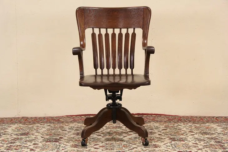 Oak 1895 Antique Swivel Adjustable Desk Chair, Signed Milwaukee