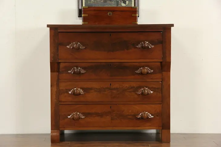 Walnut & Mahogany 1850 Antique Linen Chest or Dresser, Carved Pulls