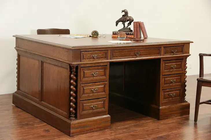Oak English 1895 Antique Partner Desk, Leather Top, Spiral Columns
