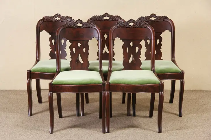 Set of 5 American Empire 1840's Antique Carved Mahogany Dining or Game Chairs