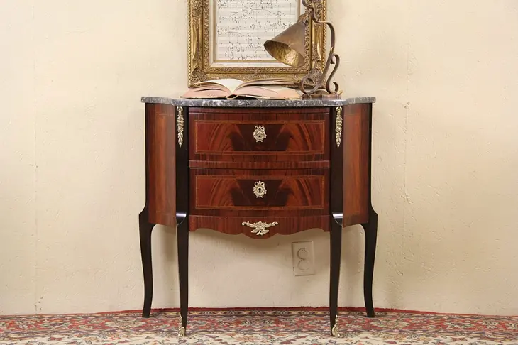French 1920's Banded Marquetry Marble Top Chest, Nightstand or Console
