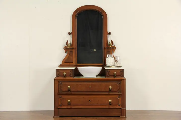 Victorian 1870 Antique Marble Top Dresser or Chest & Mirror, Secret Drawer
