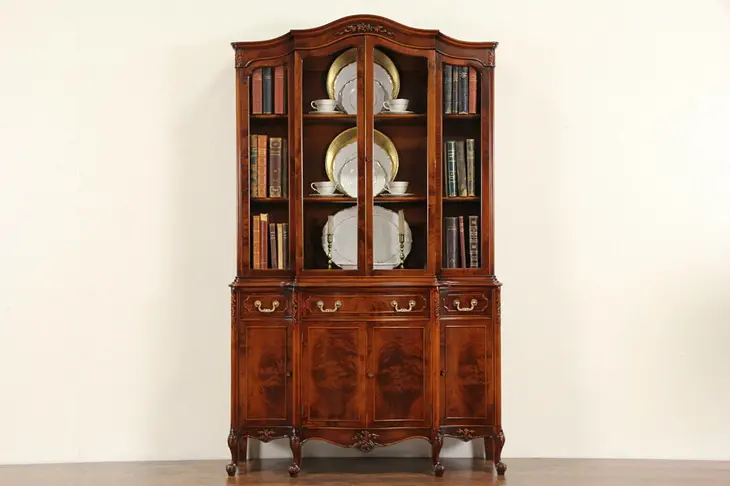 French Style 1940 Vintage Carved Breakfront China Cabinet or Bookcase
