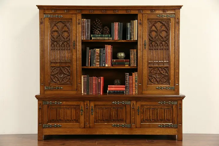 Gothic Carved Oak 1930's Vintage Dutch Bookcase Library Cabinet