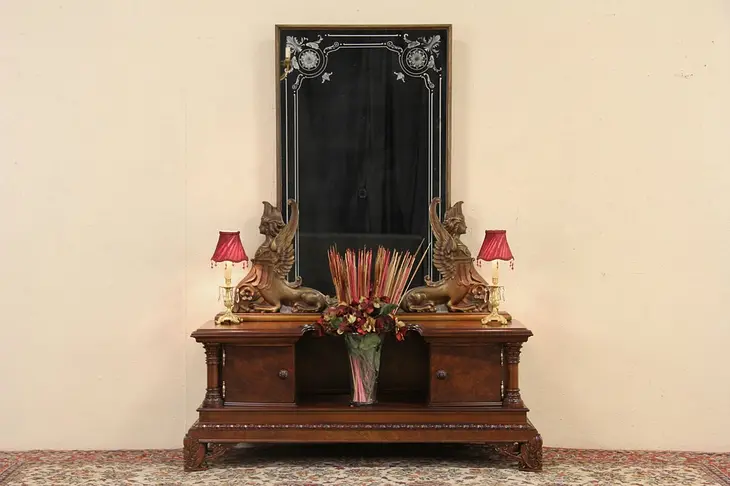 Classical Carved 1925 Italian Hall or Dressing Mirror, Sphinxes