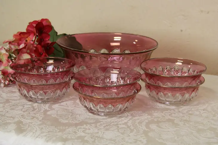 Berry Set King's Crown or Thumbprint Cranberry Master & 6 Bowls
