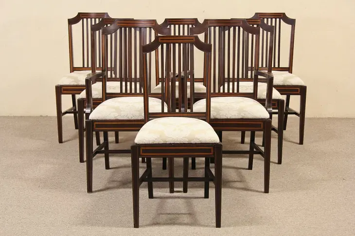 Set of 8 Antique 1900 Hepplewhite Inlaid Dining Chairs